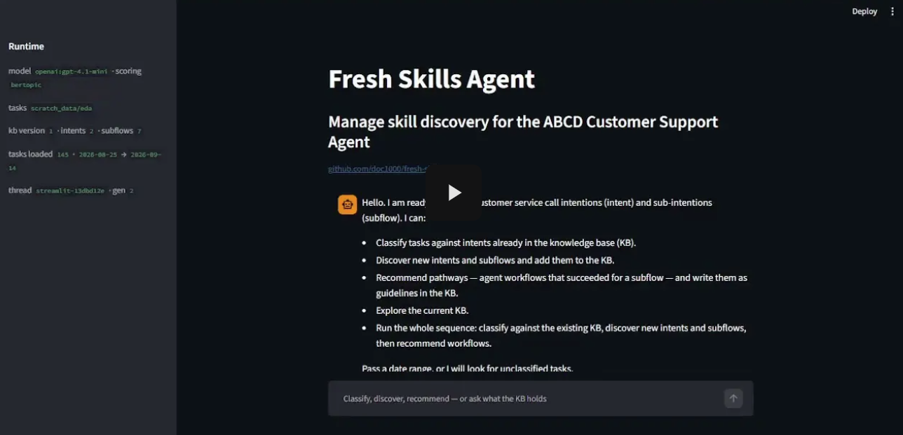Fresh Skills agent: classify, discover, and recommend support skills from a task cohort.